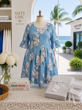 Floral Dress Pin Up Fashion a line dress Scoop Neck Swing Dress Light Blue 14W